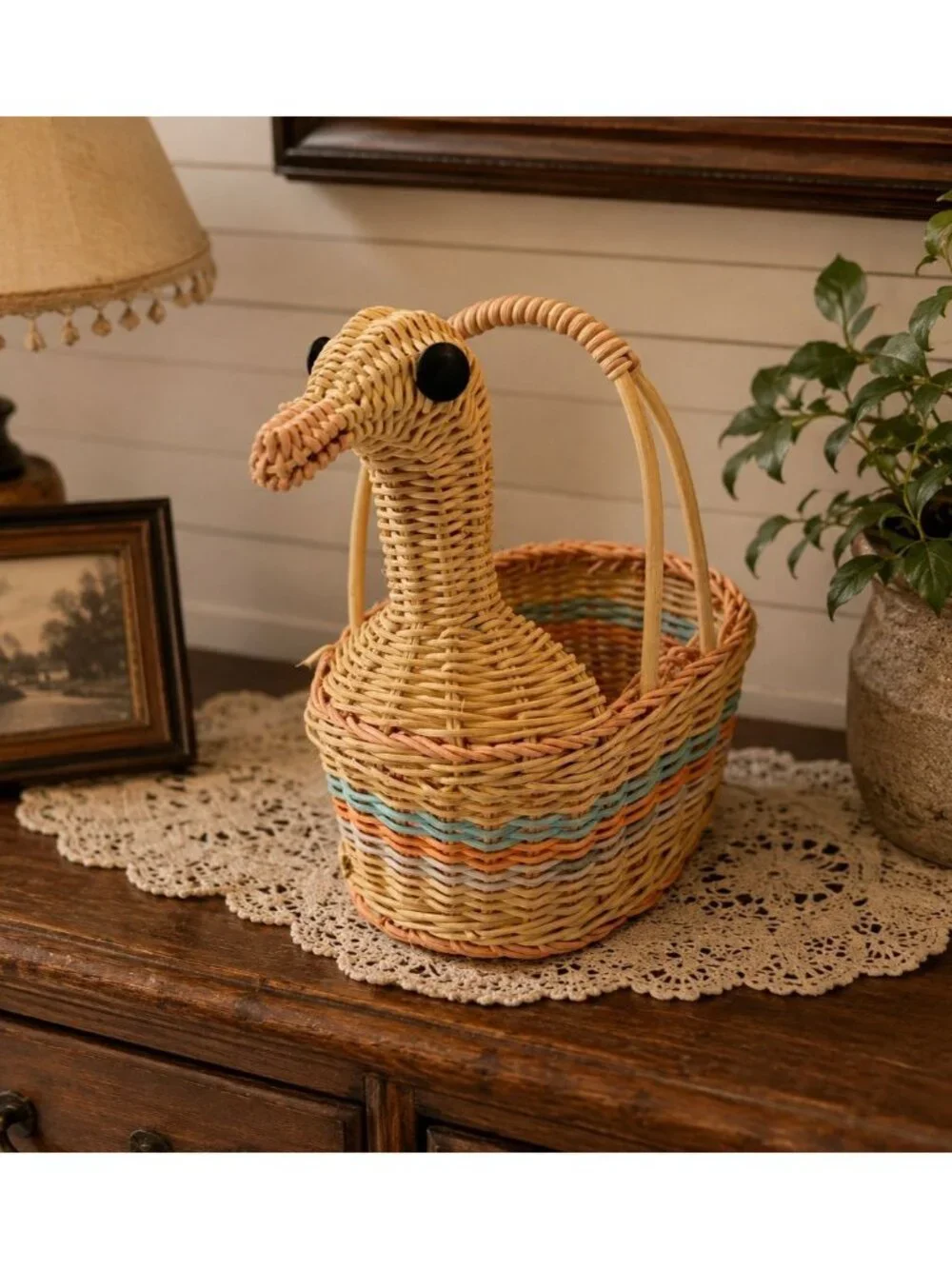 Vintage Wicker Duck Basket Garden Planter Kitchen Storage CUTE
